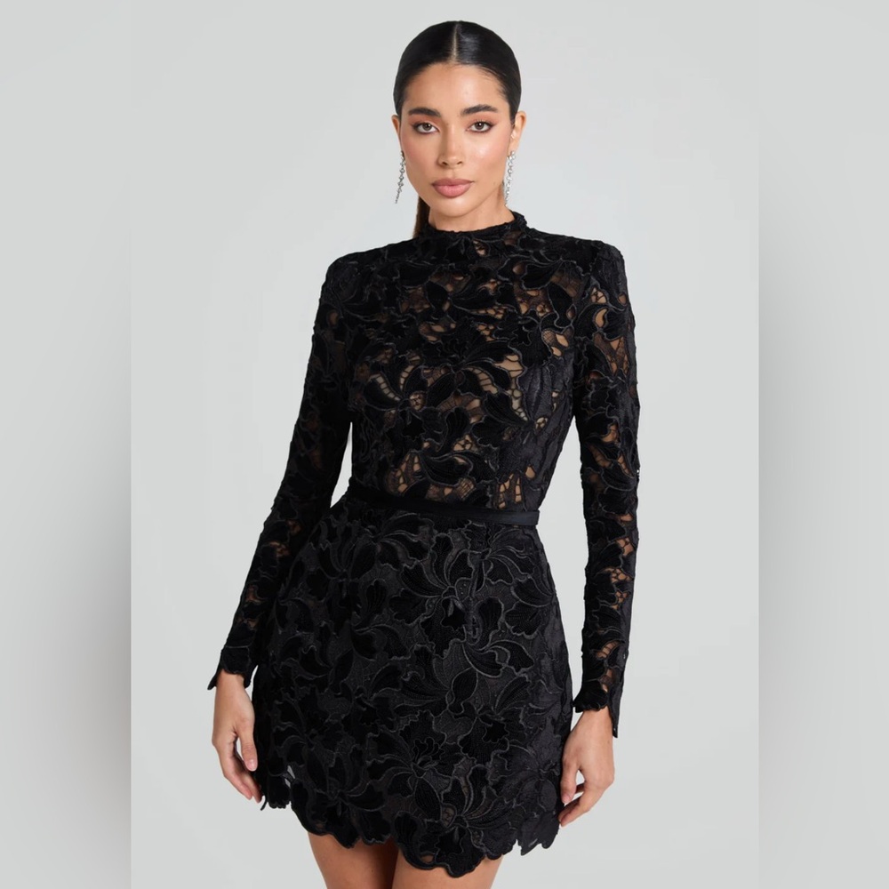 NADINE MERABI Black Long-Sleeve Lace Mini Dress